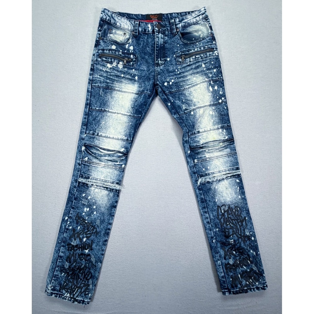 Rage of a Rebellion Moto Jeans Mens 34 Good Blue Acid Wash Graffiti Splatter